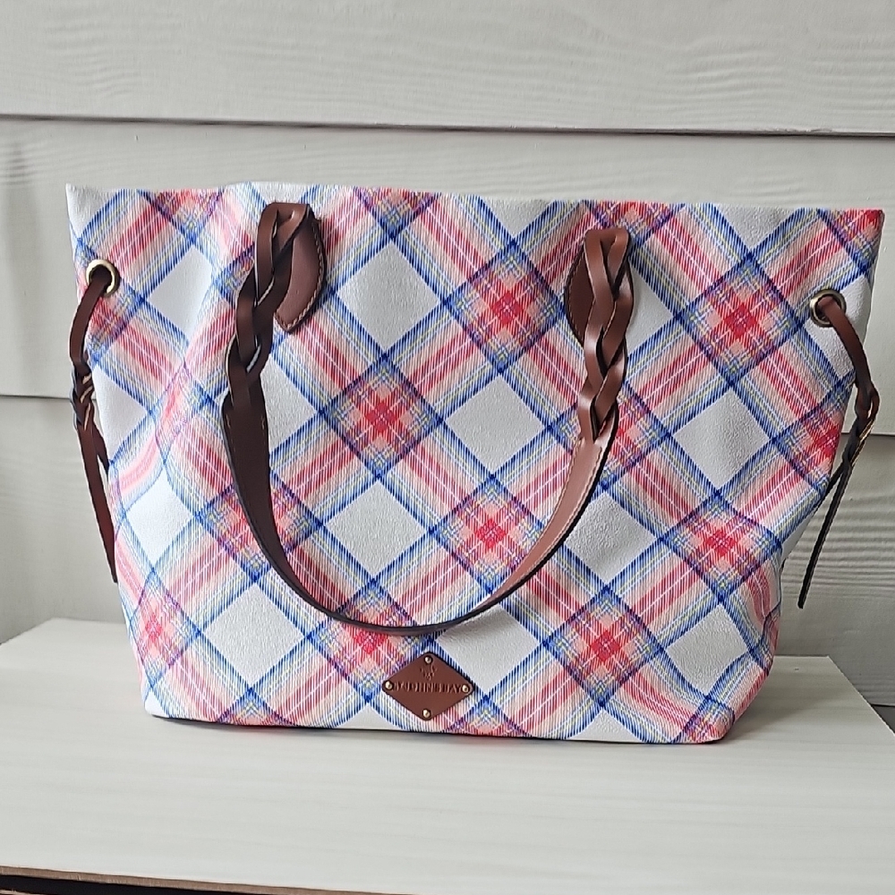 St. John's Bay Plaid Tote Bag Braided Shoulder Strap Colorful Tartan Purse
